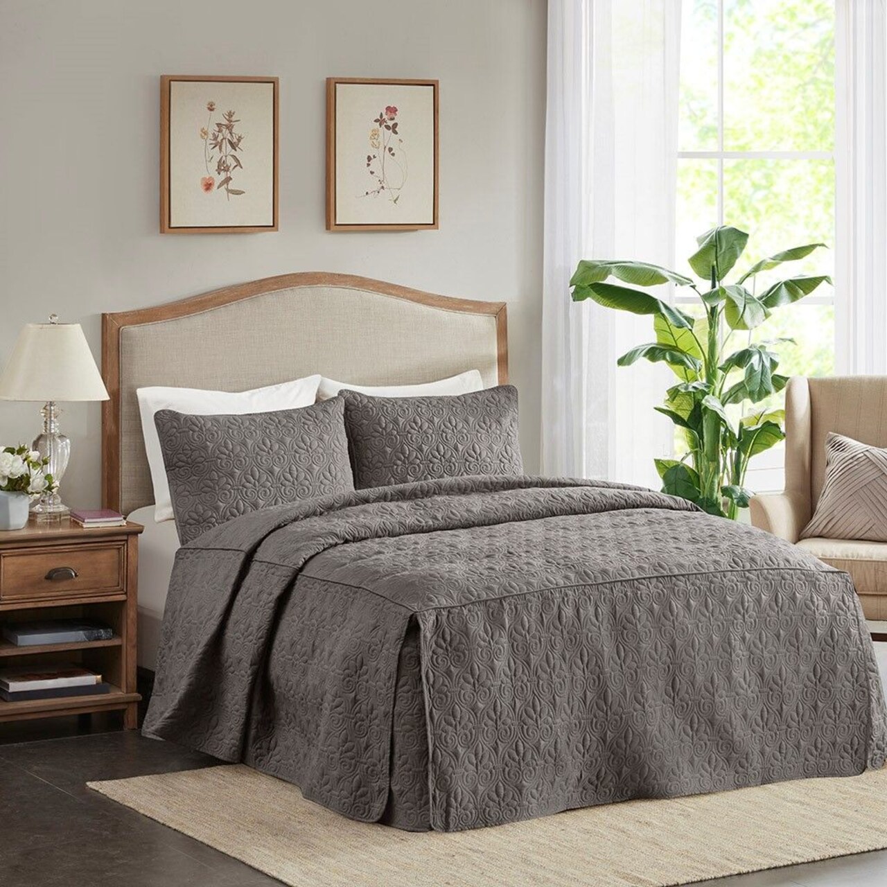 Quebec Queen Dark Grey 3 Piece Split Corner Pleated Quilted Bedspread Set